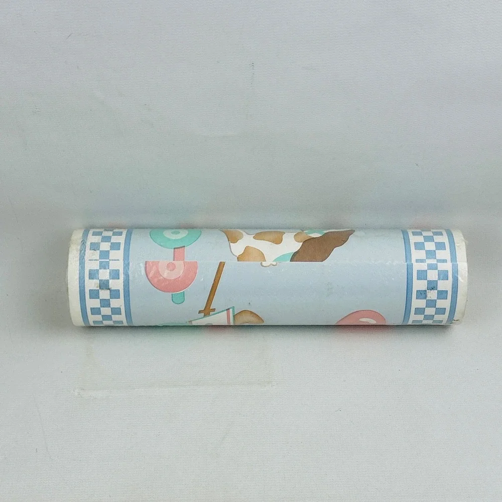 C&A Wallcoverings Animal Pull Toy Nursery Wallpaper Border Blue Check 5 Yds Vtg